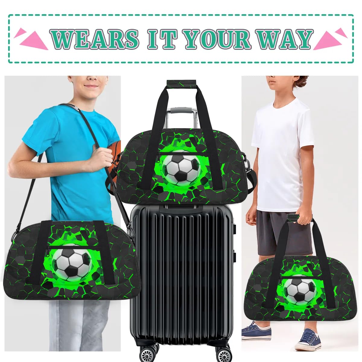 Green 3D Soccer Kids Overnighter Duffel Bags for Boys, Carry-On Size Sports Gym Bag with Front Zipper Pocket for School Practice or Overnight Travel Weekender Sleepover Tote Bag