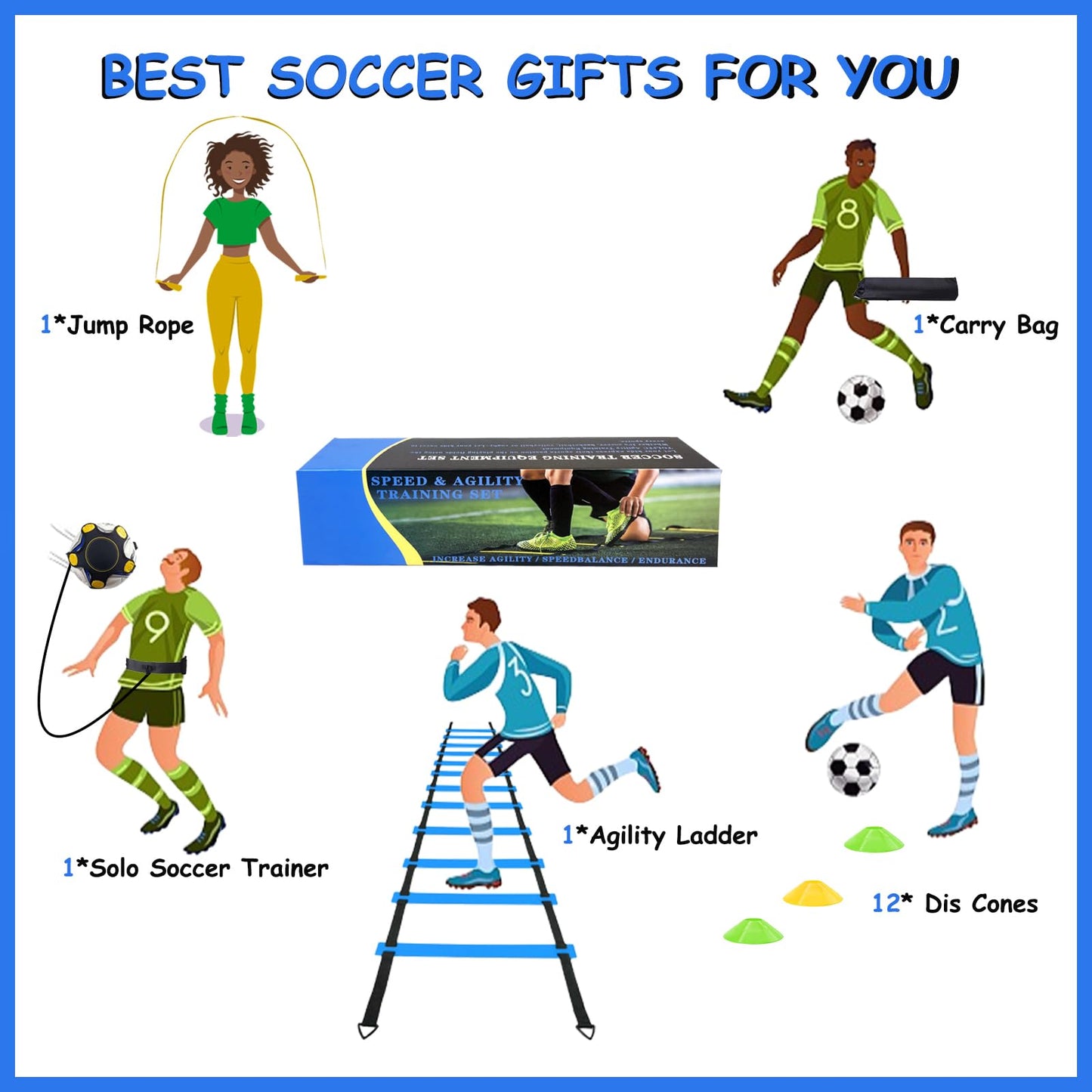 TGLITC Soccer Agility Training Equipment Set, Soccer Accessories 12 Rung 20Ft Agility Ladder, 12 Disc Cones, Solo Soccer Trainer, Jump Rope - Speed Training Equipment Gifts for boy