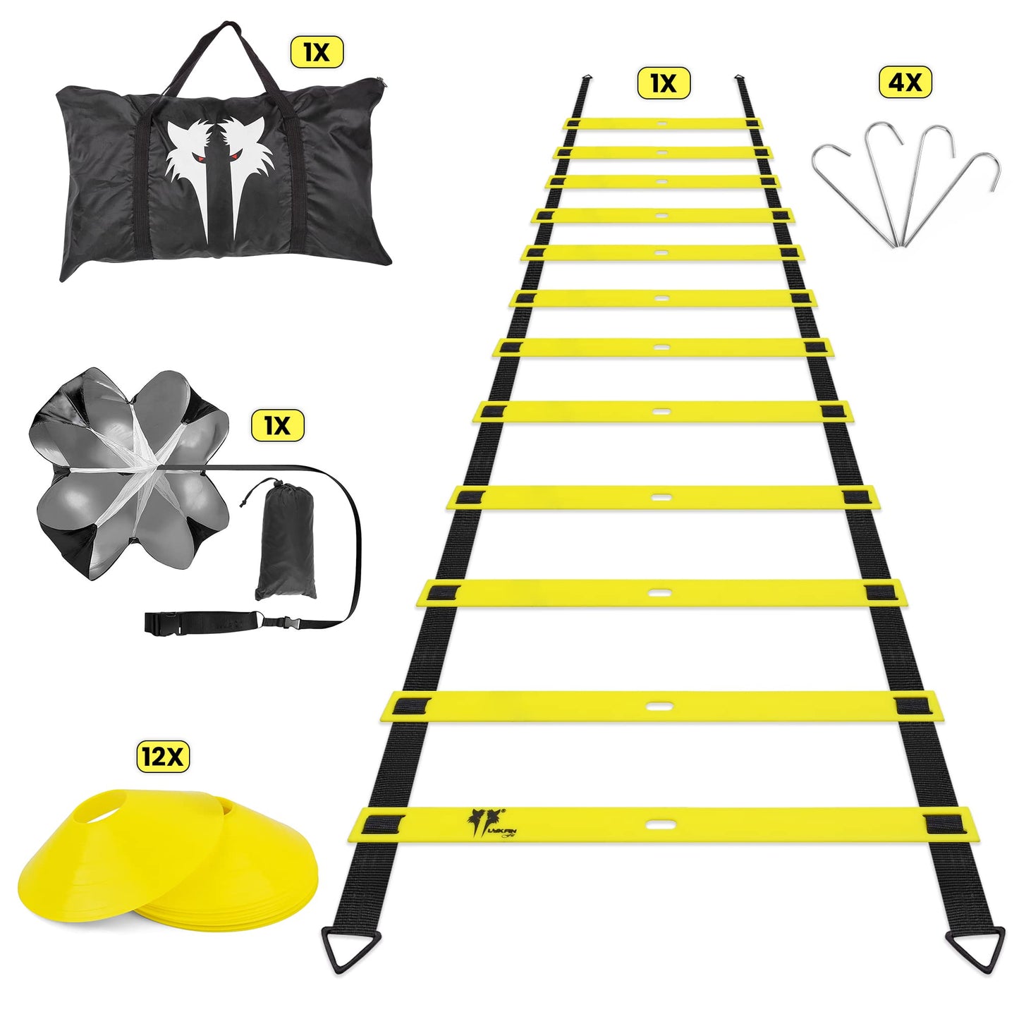 LYKAN FIT 20ft Sports Agility Ladder for Men Women and Kids, Speed Youth Soccer Agility Training Equipment for Football, Exercise, Tennis, Legs Workout with Speed Parachute, Cones and Carry Bag
