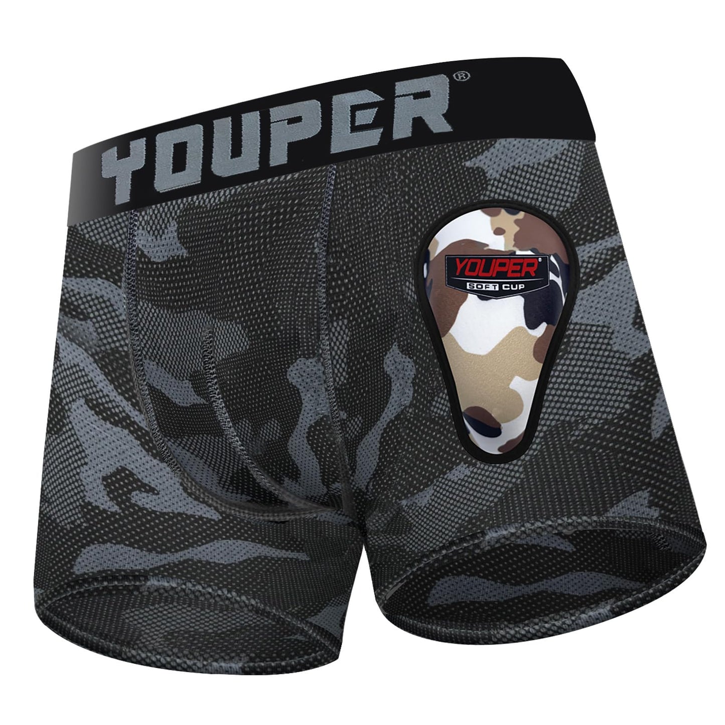 Youper Youth Elite Boxer Briefs w/Soft Athletic Cup, Boys Stretch Boxer Jock for Baseball & Football (Black Camo, Medium)