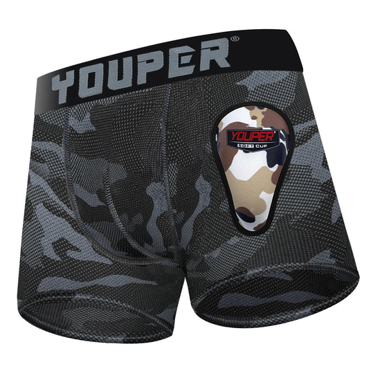 Youper Youth Elite Boxer Briefs w/Soft Athletic Cup, Boys Stretch Boxer Jock for Baseball & Football (Black Camo, Medium)
