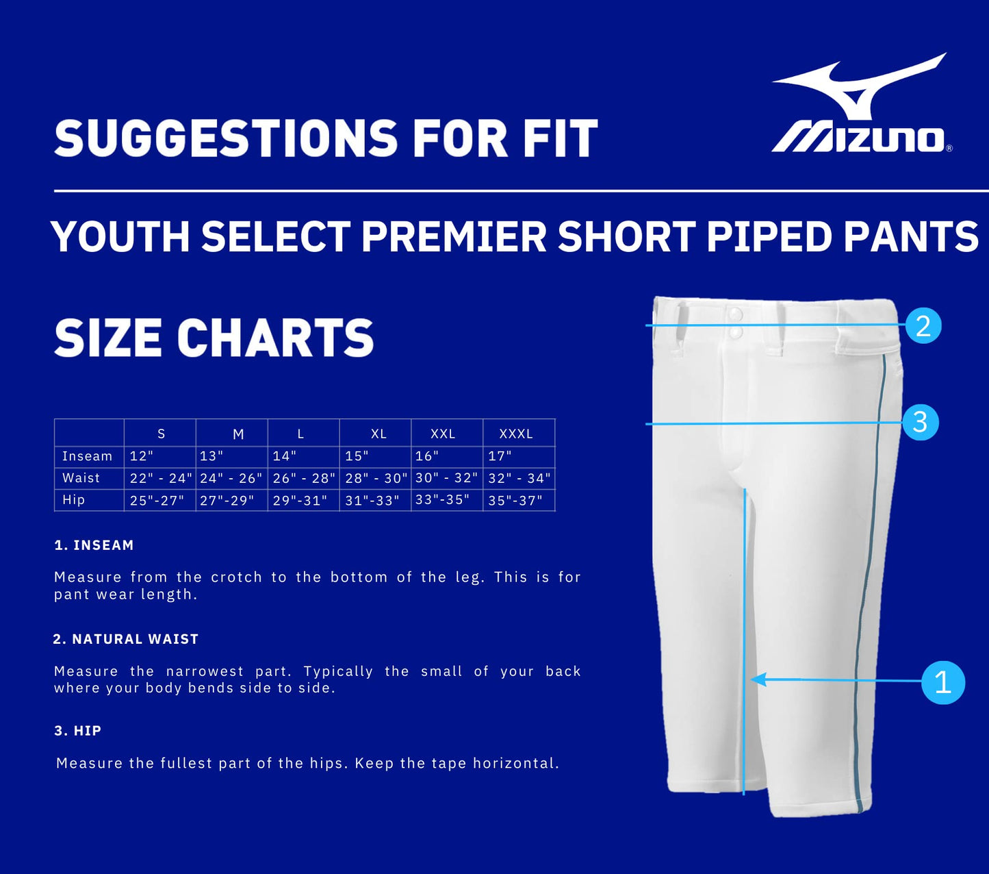 Mizuno Youth Premier Short Piped Pants, White/Black, X-Large