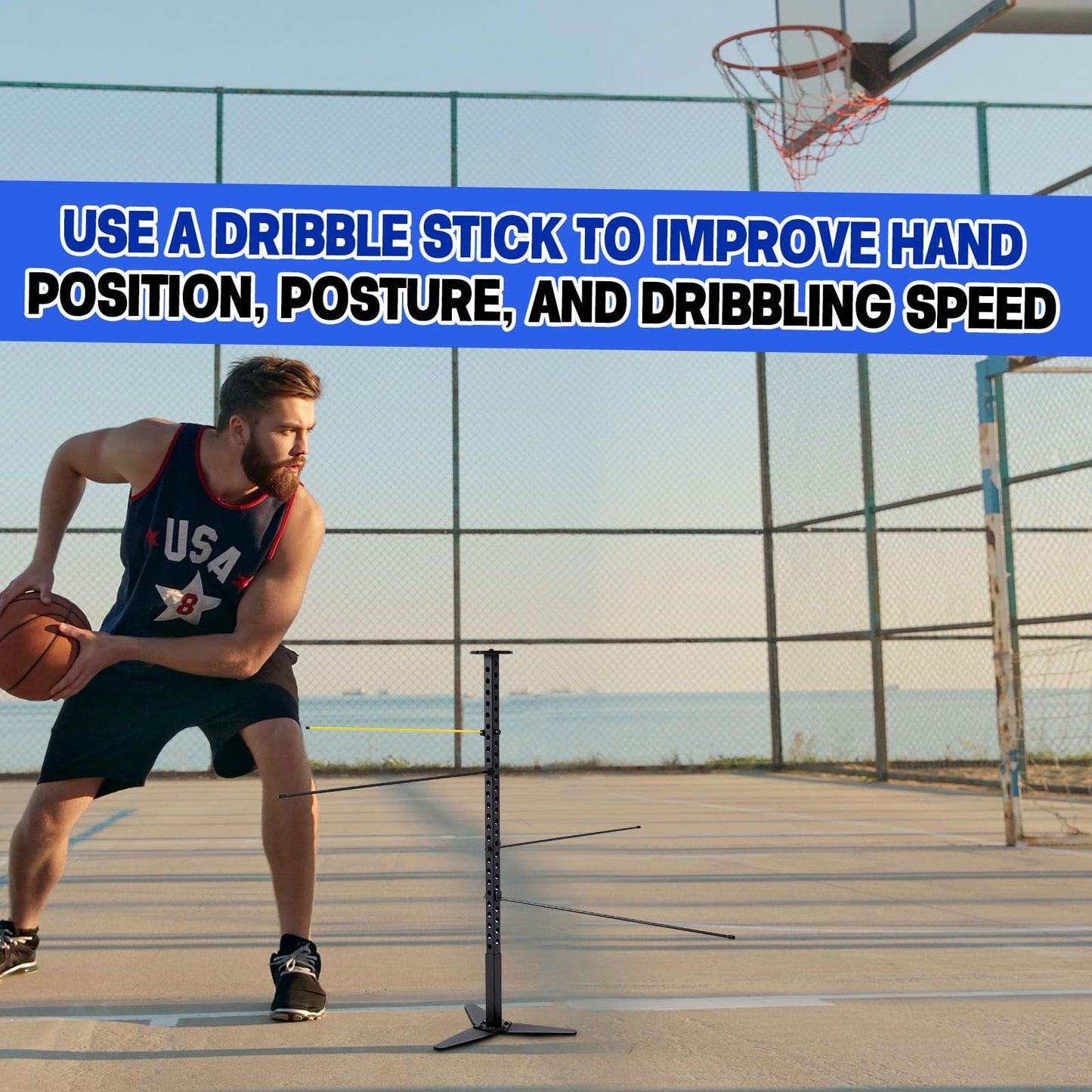 VioraWhite Basketball Dribble Trainer Basketball Fitness Training Sticks Adjustable Basketball Dribble Trainer for Indoor Outdoor