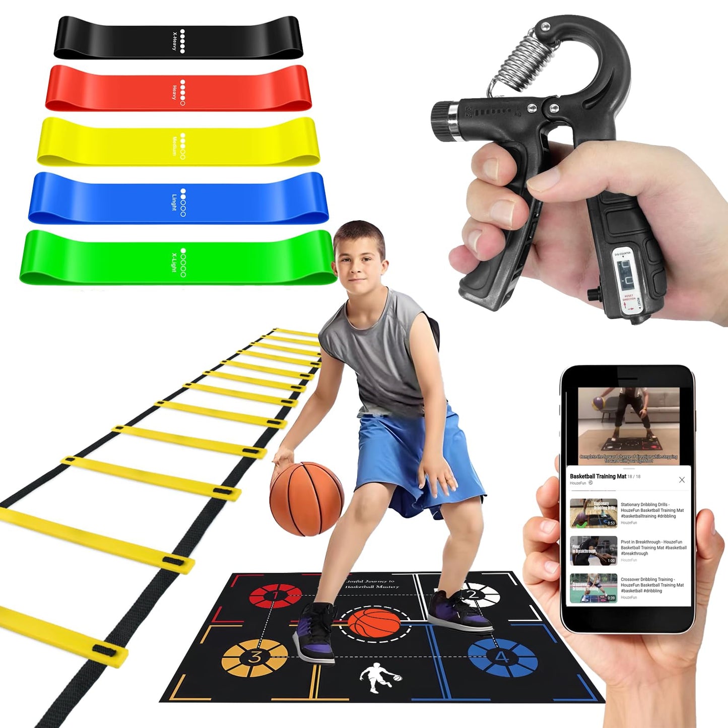 Basketball Training Equipment, Dribble Trainer, Footwork Training, Training Aids with Basketball Training Mat,Agility Ladder,Hand Grip Strengthener,Resistance Bands