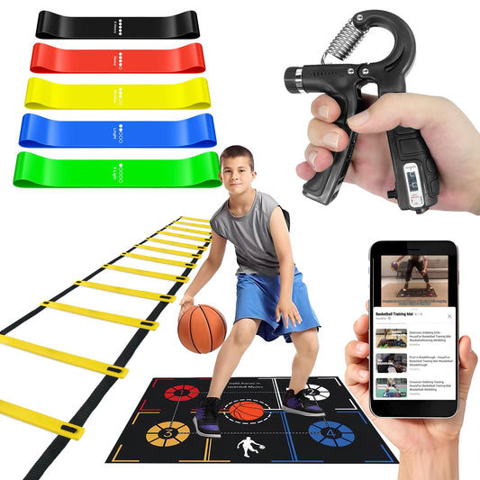Basketball Training Equipment, Dribble Trainer, Footwork Training, Training Aids with Basketball Training Mat,Agility Ladder,Hand Grip Strengthener,Resistance Bands