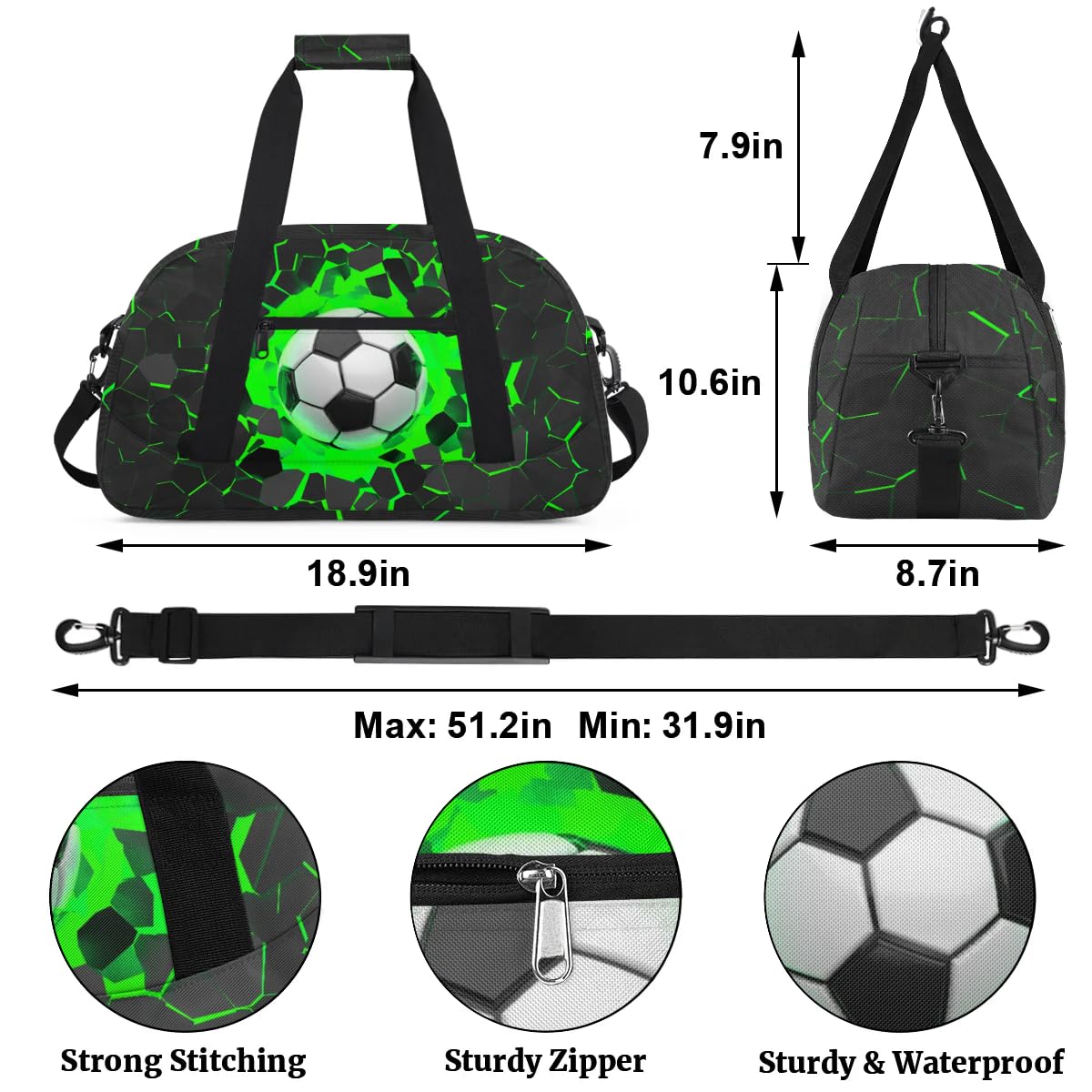 Green 3D Soccer Kids Overnighter Duffel Bags for Boys, Carry-On Size Sports Gym Bag with Front Zipper Pocket for School Practice or Overnight Travel Weekender Sleepover Tote Bag