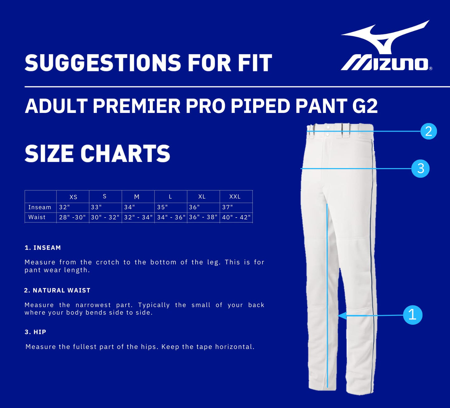 Mizuno Adult Men's Premier Pro Piped G2 Baseball Pant, White-Royal, Medium