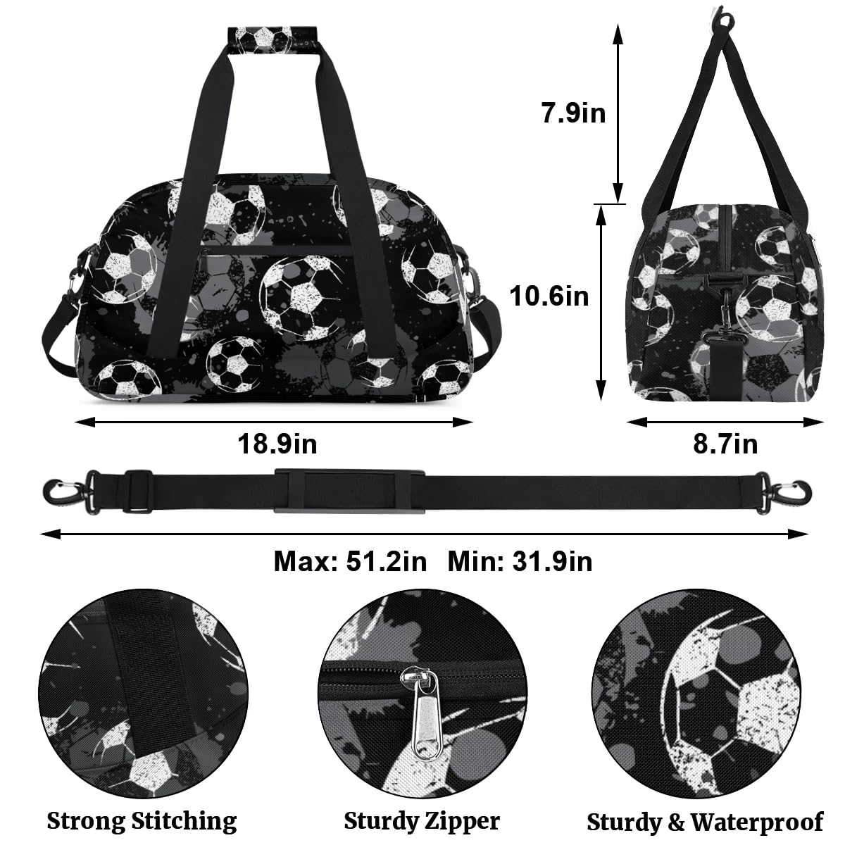 Black Football Kids Duffel Bag for Boys, Soccer Sports Gym Bag Overnight Travel Weekender Bag Lightweight Carry On Sleepovers Bag for School Practice Gymnastics