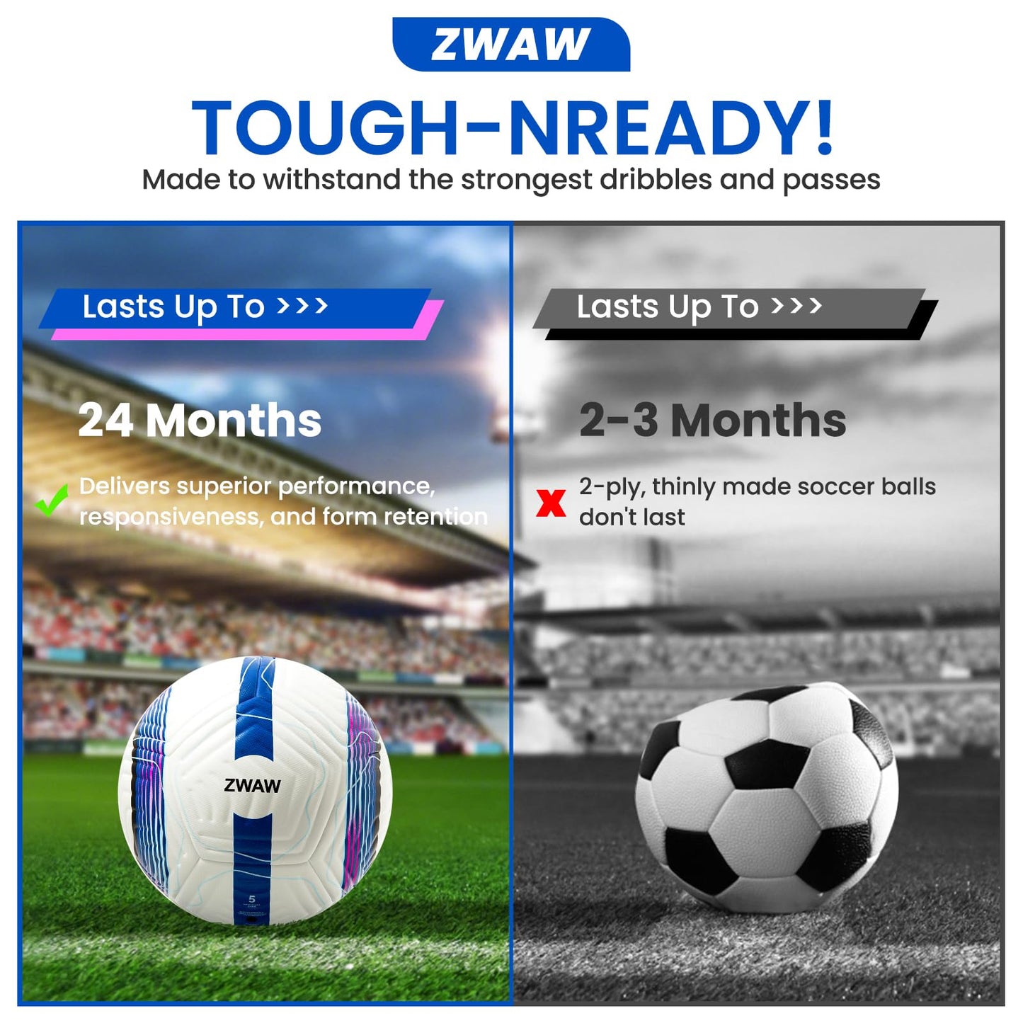 ZWAW Official Match Soccer Ball Size 5 – Waterproof PU Leather, Includes Pump & Needles, Mesh Storage Bag for Easy Carry