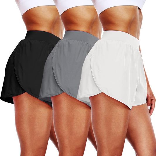 CADMUS 2 in 1 Women's Workout Shorts Athletic Gym Running Shorts with Compression Liner Brief,3 Pack, Black & Light Grey & White, Small