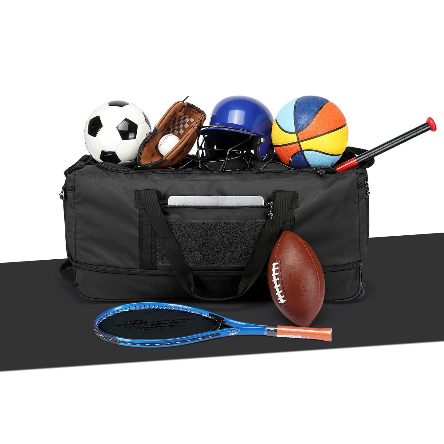 170L Extra Large Baseball Bag with Wheels Gym Duffle Softball Catchers Coach Team Equipment Bags Collapsible Rolling Travel Duffel Bat Gear Bag for Hockey Basketball Football Volleyball Soccer, Black