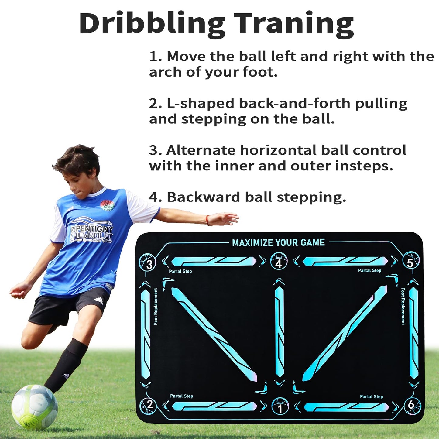Soccer Training Mat with Adjustable Soccer Trainer - Non-Slip Soccer Training Equipment for Kids Youth to Boost Speed, Strength & Coordination | Soccer Trainer for Indoor/Outdoor Drills
