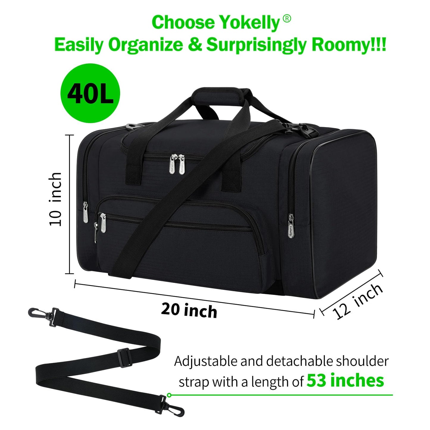 YoKelly Sports Duffel Bag 20 inch for Travel Gym - Black
