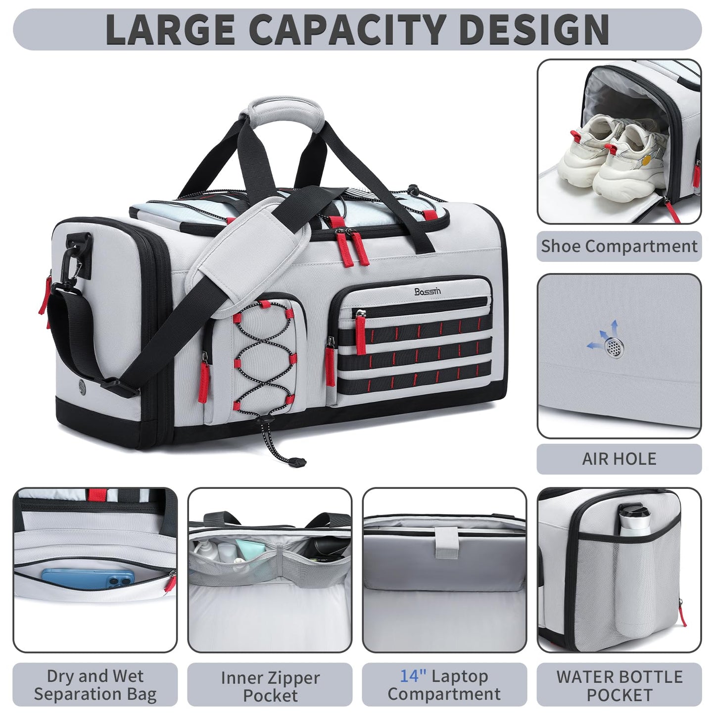 Bosstin Gym Bag for Men & Women, 45L Travel Duffle Sports Duffel Bag Gym Weekender Overnight Backpack with Shoe Compartment (Grey)