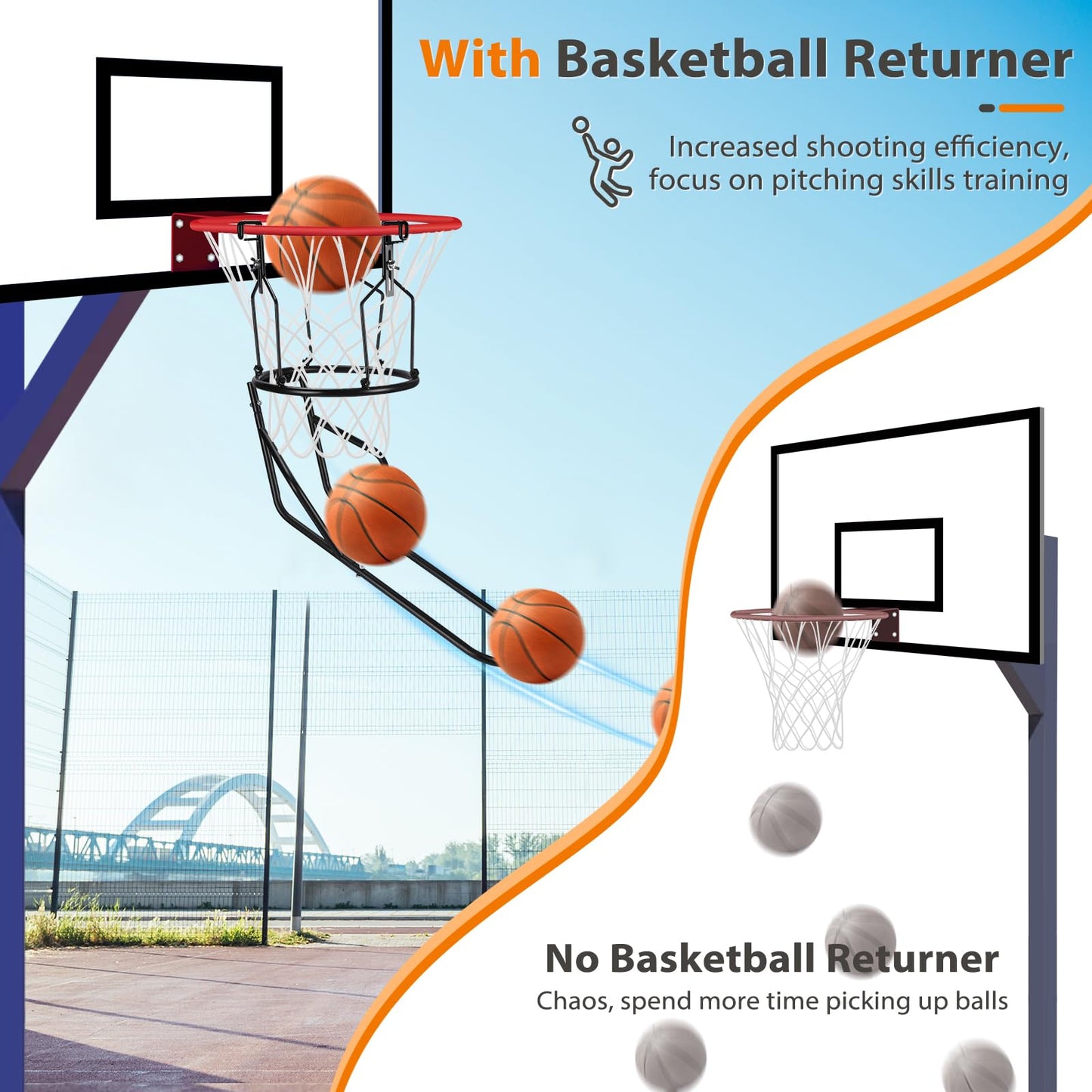 GADFISH Basketball Return Attachment, Heavy Duty Basketball Rebounder with 3 Stable Large Hooks, Durable Basketball Accessories for 18" Rim Basketball Training, Black