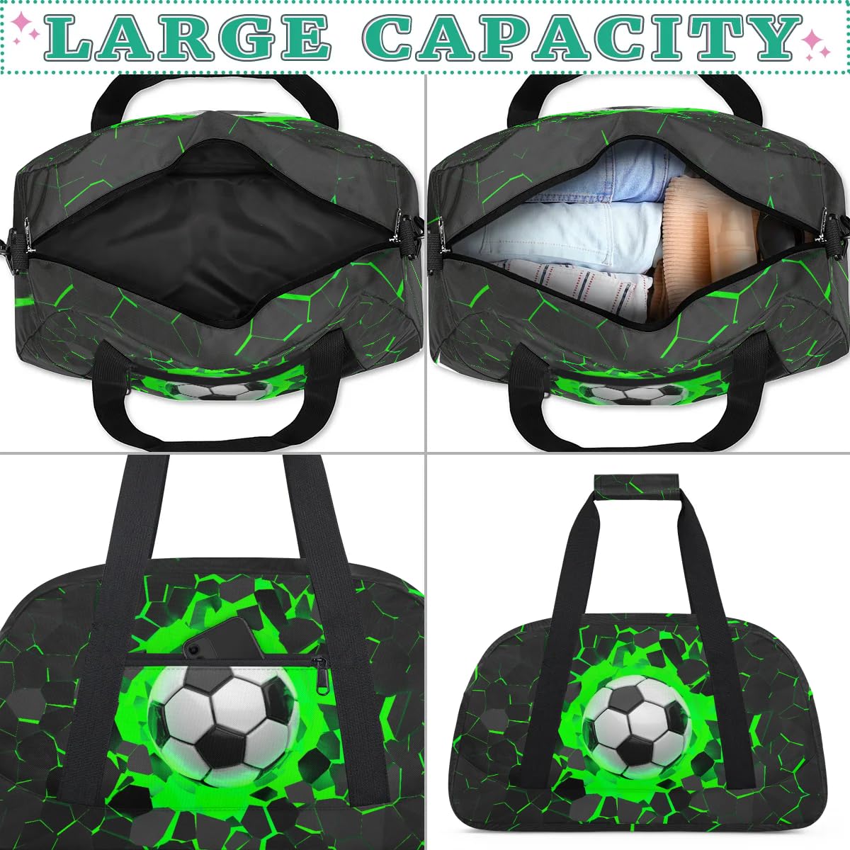 Green 3D Soccer Kids Overnighter Duffel Bags for Boys, Carry-On Size Sports Gym Bag with Front Zipper Pocket for School Practice or Overnight Travel Weekender Sleepover Tote Bag