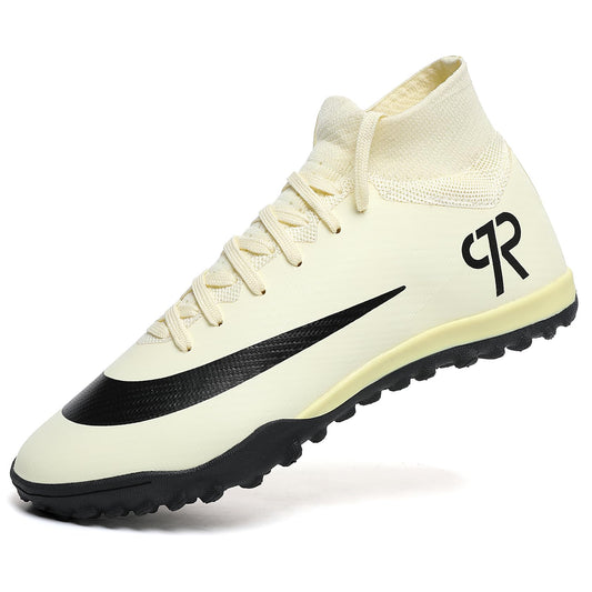 Boys Soccer Shoes Turf Youth Soccer Cleats Kids Spike TF High-Top Football Boots for Outdoor Training Beige Black Size 5