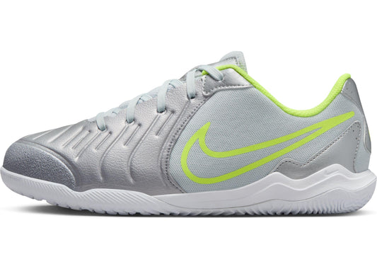 Nike Jr. Tiempo Legend 10 Academy Little/Big Kids' Indoor/Court Low-Top Soccer Shoes (DV4350-001, Metallic Silver/Volt/Black) Size 5.5
