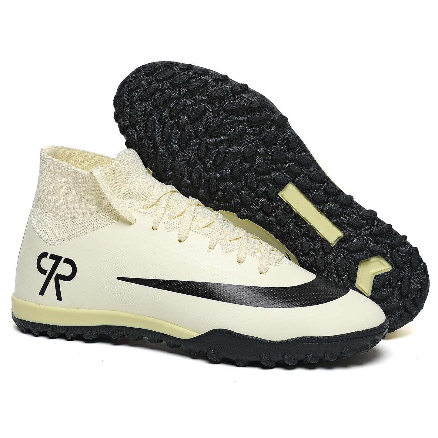 Boys Soccer Shoes Turf Youth Soccer Cleats Kids Spike TF High-Top Football Boots for Outdoor Training Beige Black Size 5