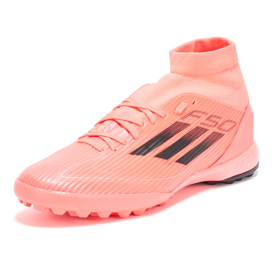 adidas Women's F50 League Mid Top Turf Sneaker, Turbo/Aurora Black/Platin Metallic, 7