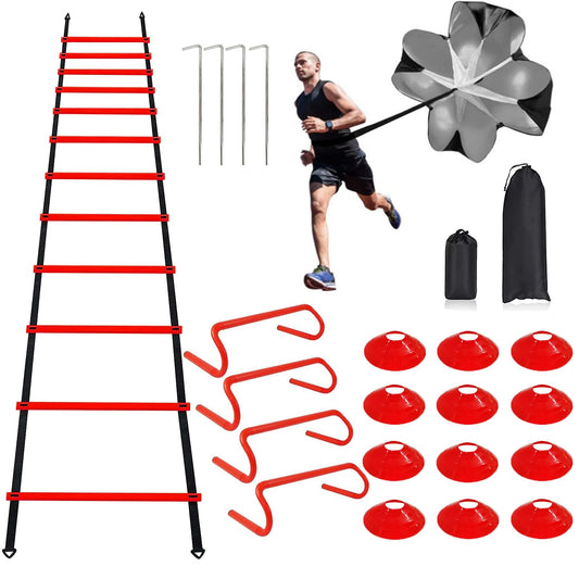 YEXEXINM Professional Agility Ladder Speed Training Equipment Set-20ft Red Agility Ladder,12 Soccer Cones, 4 Agility Hurdles, Running Parachute, Suitable for Soccer Football Basketball Training