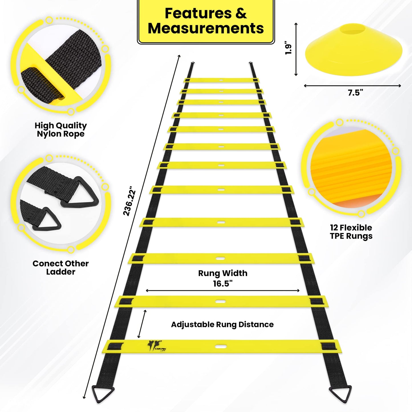 LYKAN FIT 20ft Sports Agility Ladder for Men Women and Kids, Speed Youth Soccer Agility Training Equipment for Football, Exercise, Tennis, Legs Workout with Speed Parachute, Cones and Carry Bag
