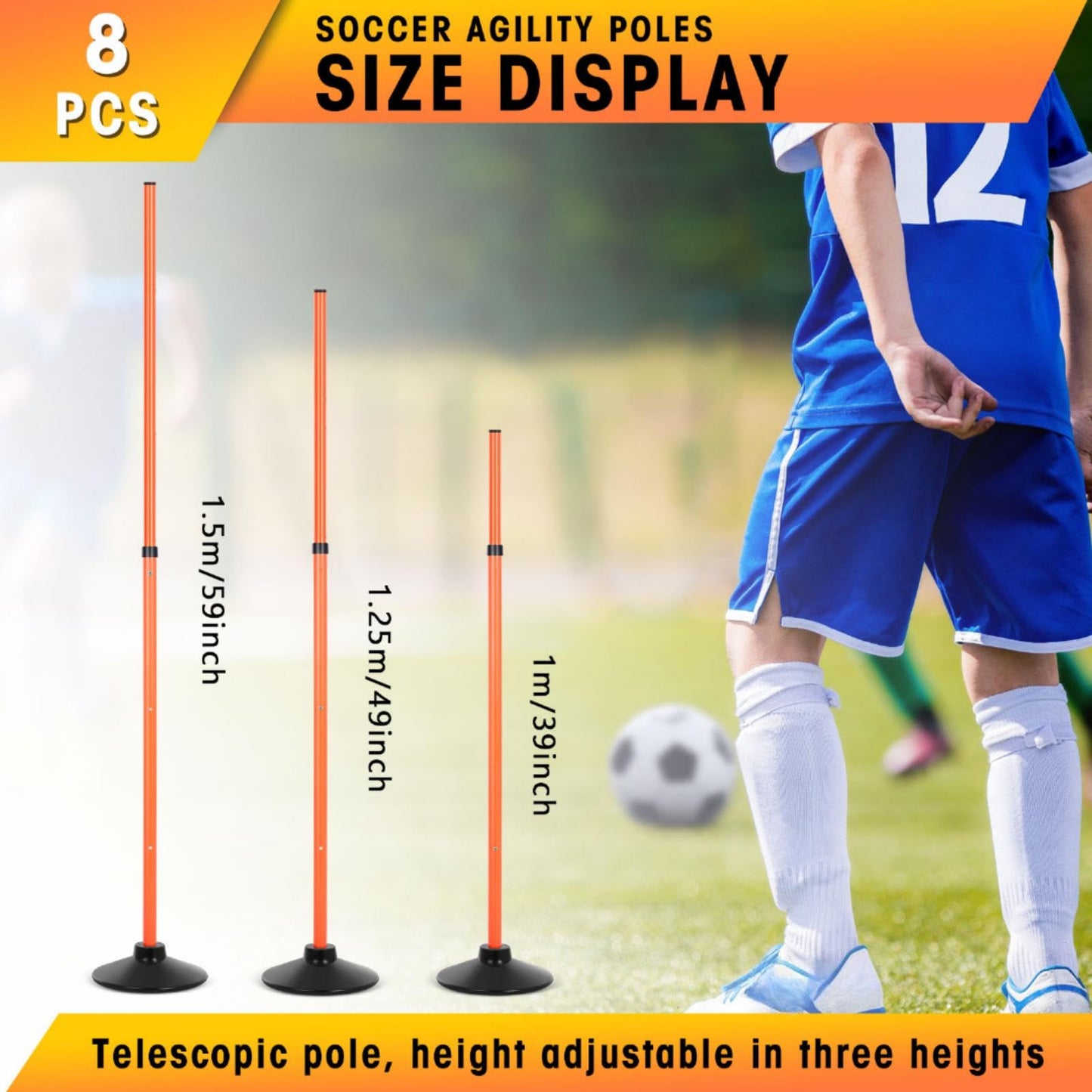 Sonwyoung 8 Pcs Soccer Agility Poles Detachable Sports Training Speed Slalom Poles with Rubber Base Coaching Sticks for Soccer Drills and Training(Orange)