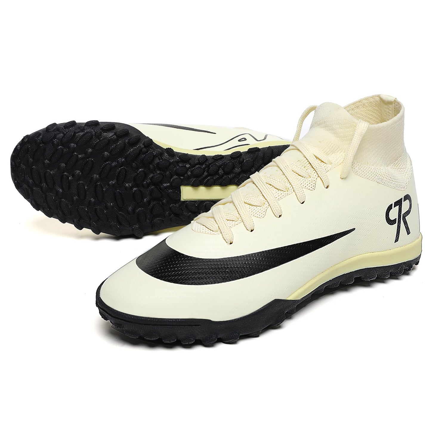 Boys Soccer Shoes Turf Youth Soccer Cleats Kids Spike TF High-Top Football Boots for Outdoor Training Beige Black Size 5