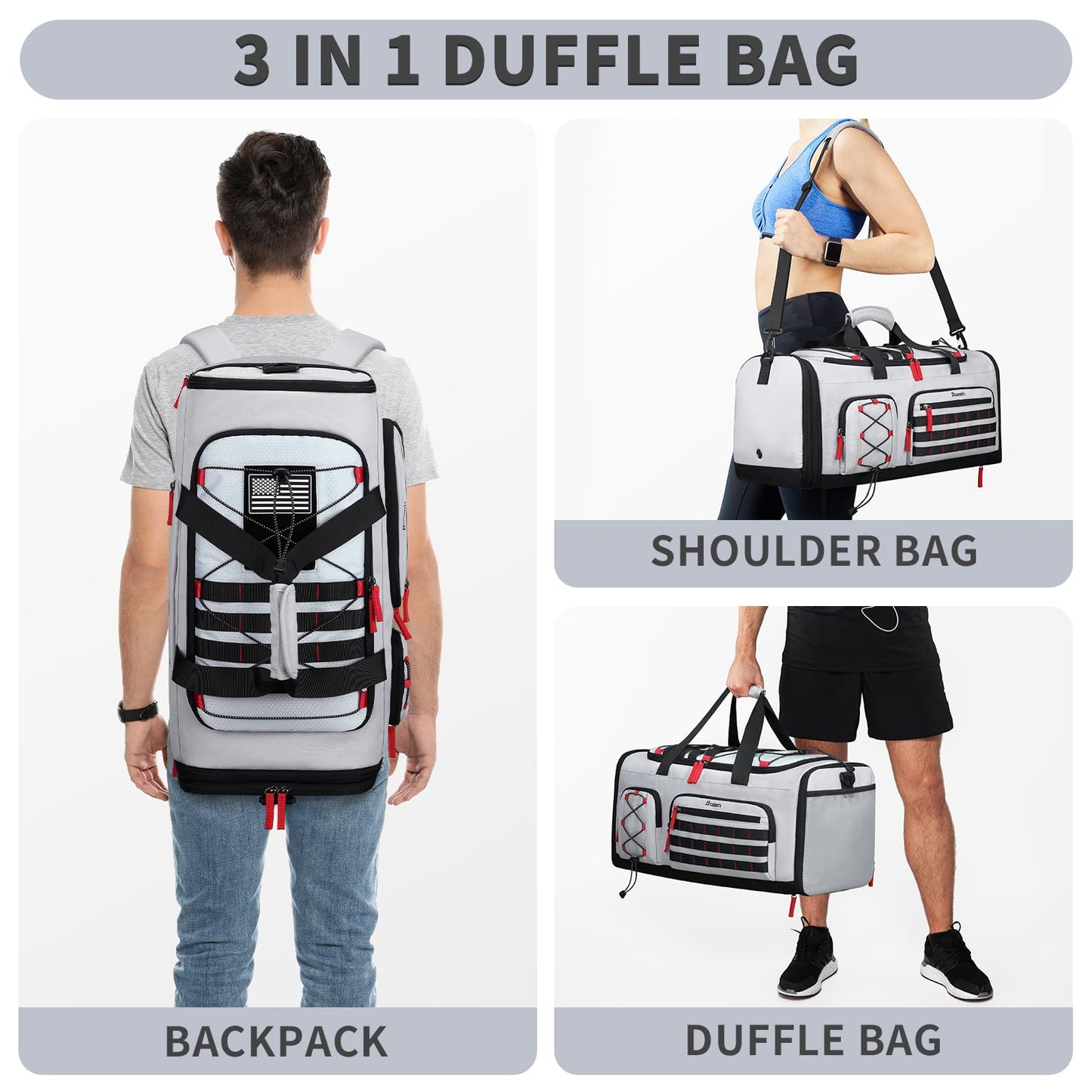Bosstin Gym Bag for Men & Women, 45L Travel Duffle Sports Duffel Bag Gym Weekender Overnight Backpack with Shoe Compartment (Grey)