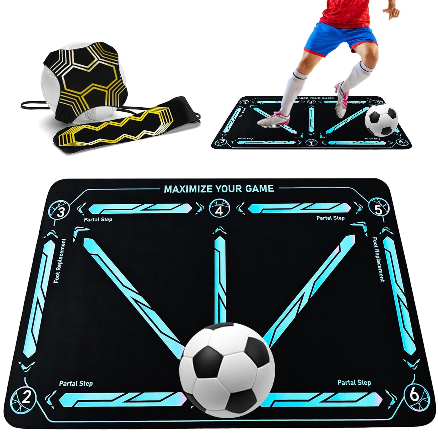 Soccer Training Mat with Adjustable Soccer Trainer - Non-Slip Soccer Training Equipment for Kids Youth to Boost Speed, Strength & Coordination | Soccer Trainer for Indoor/Outdoor Drills