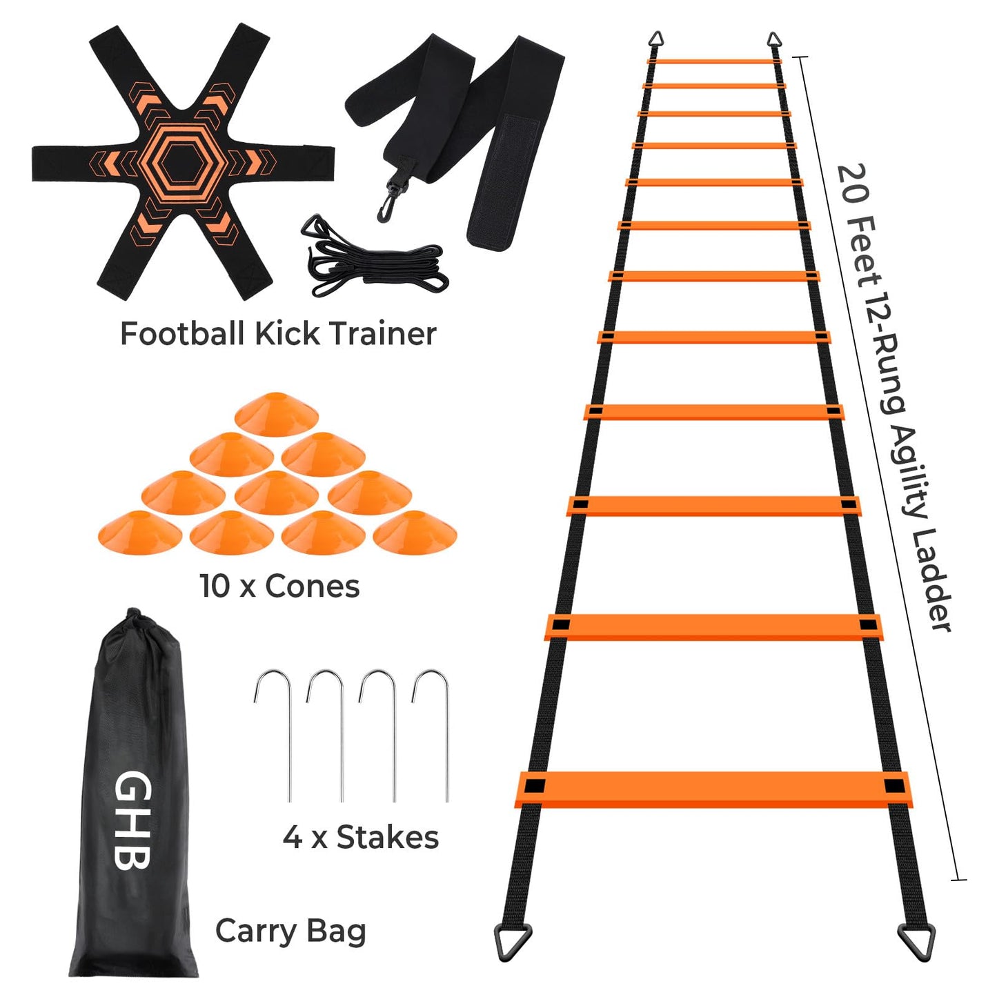 GHB Pro Agility Ladder Soccer Kick Trainer Set 20ft 12 Rung 10 Cones and 4 Stakes Speed Agility Football Training Equipment with Carrying Bag (Orange)