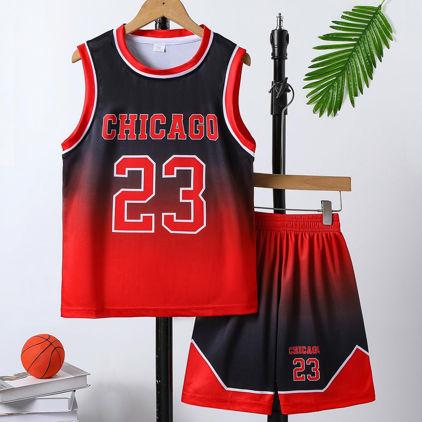Basketball Jerseys 23# For Kids Youth Sports T-shirt Jersey Boys Girls Gradient Basketball Uniform Set 6-16Years RED-140