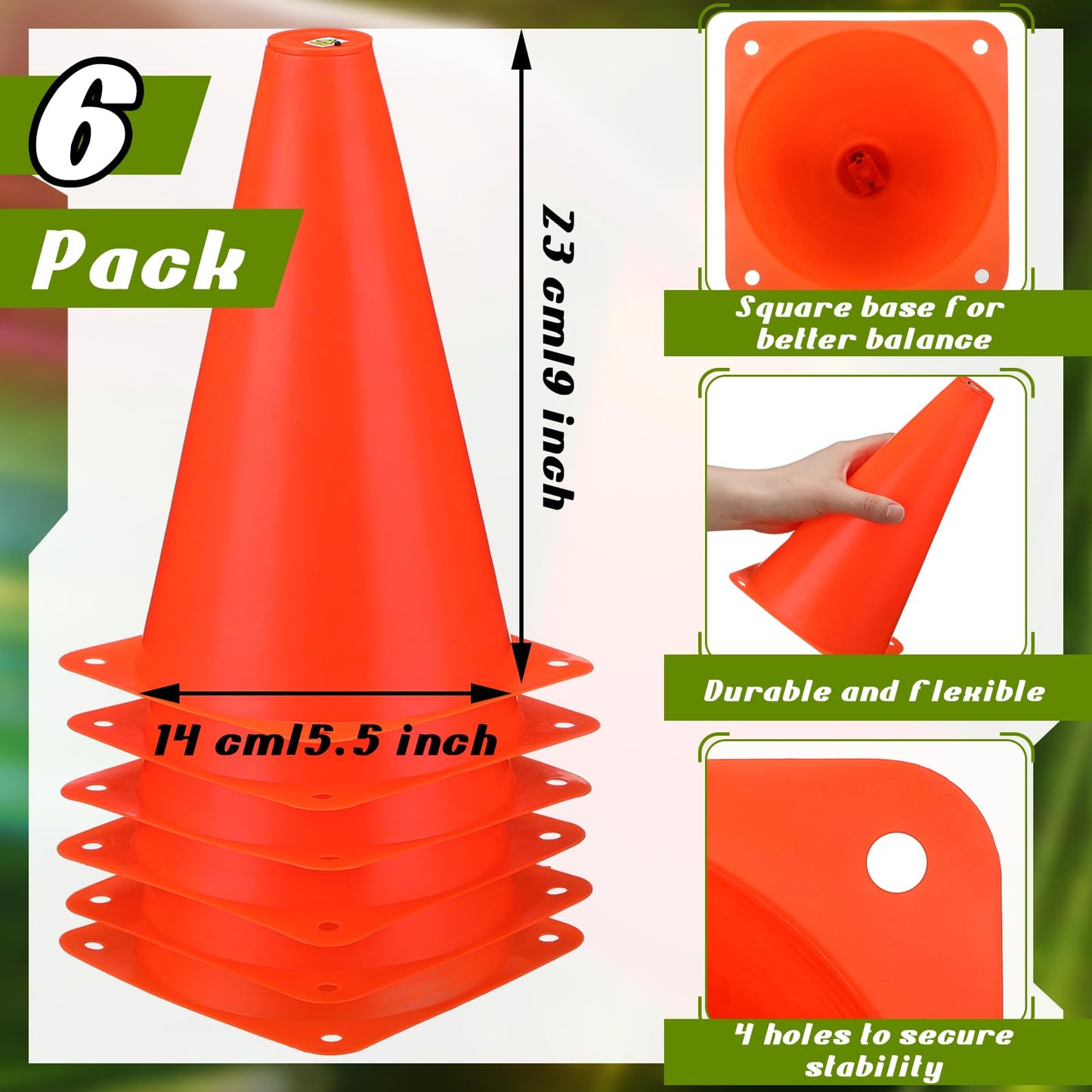 Relaxweex 6 Pcs 9 Inch LED Light up Soccer Cones Orange Sport Plastic Traffic Training Agility Cones Glow in The Dark for Basketball Football Skating Drill Indoor Outdoor Obstacle Back to School Gift