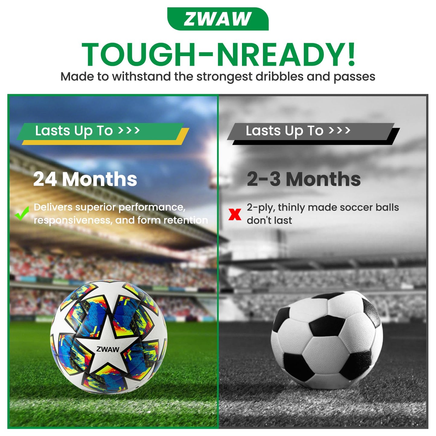 ZWAW Size 5 Soccer Ball, Waterproof PU Leather, Official Match Ball, with Pump & Needles