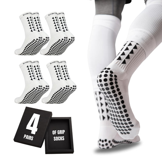 Gain The Edge Soccer Grip Socks - 4pc Set - Large - White - Grip Soccer Socks - Anti-Slip - For Men, Kids, Boys, Girls Unisex
