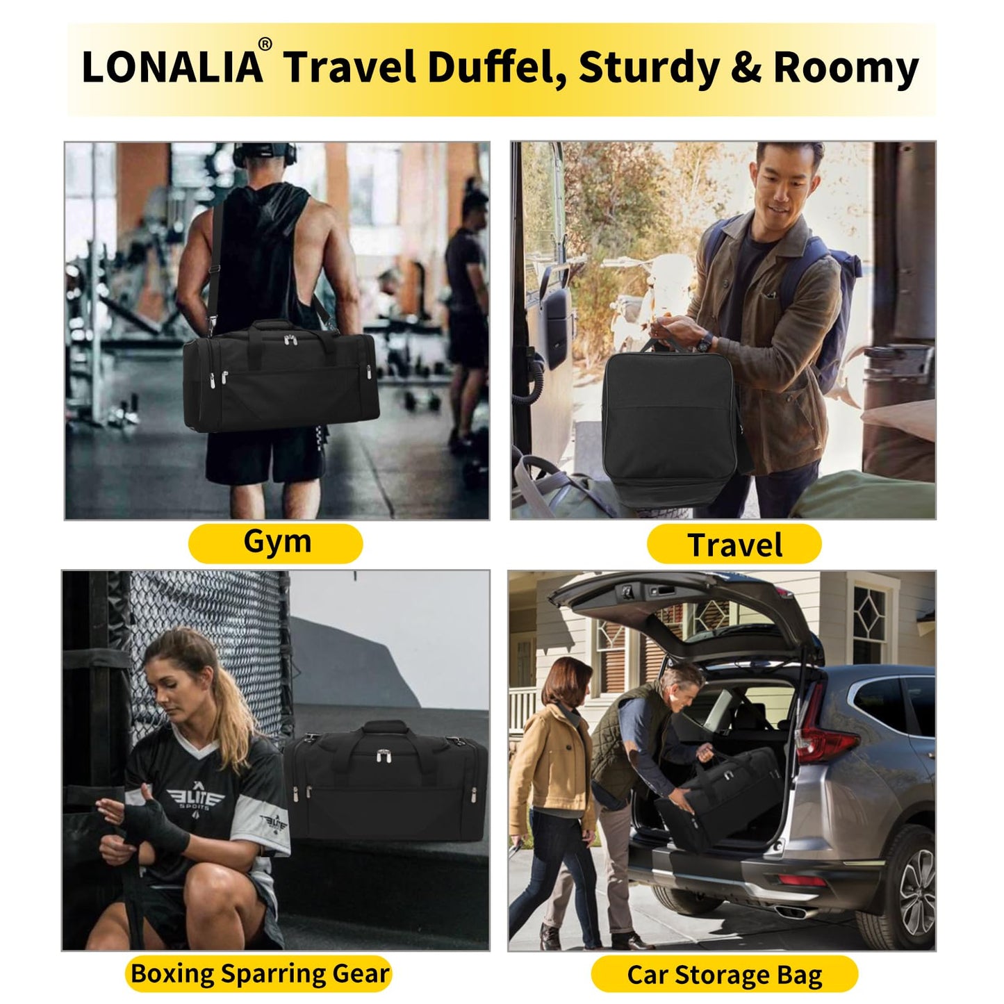 LONALIA Gym Bag Sport Duffle Bag for Men - 21 in Weekender Travel Bag with Trolley Sleeve (Black)