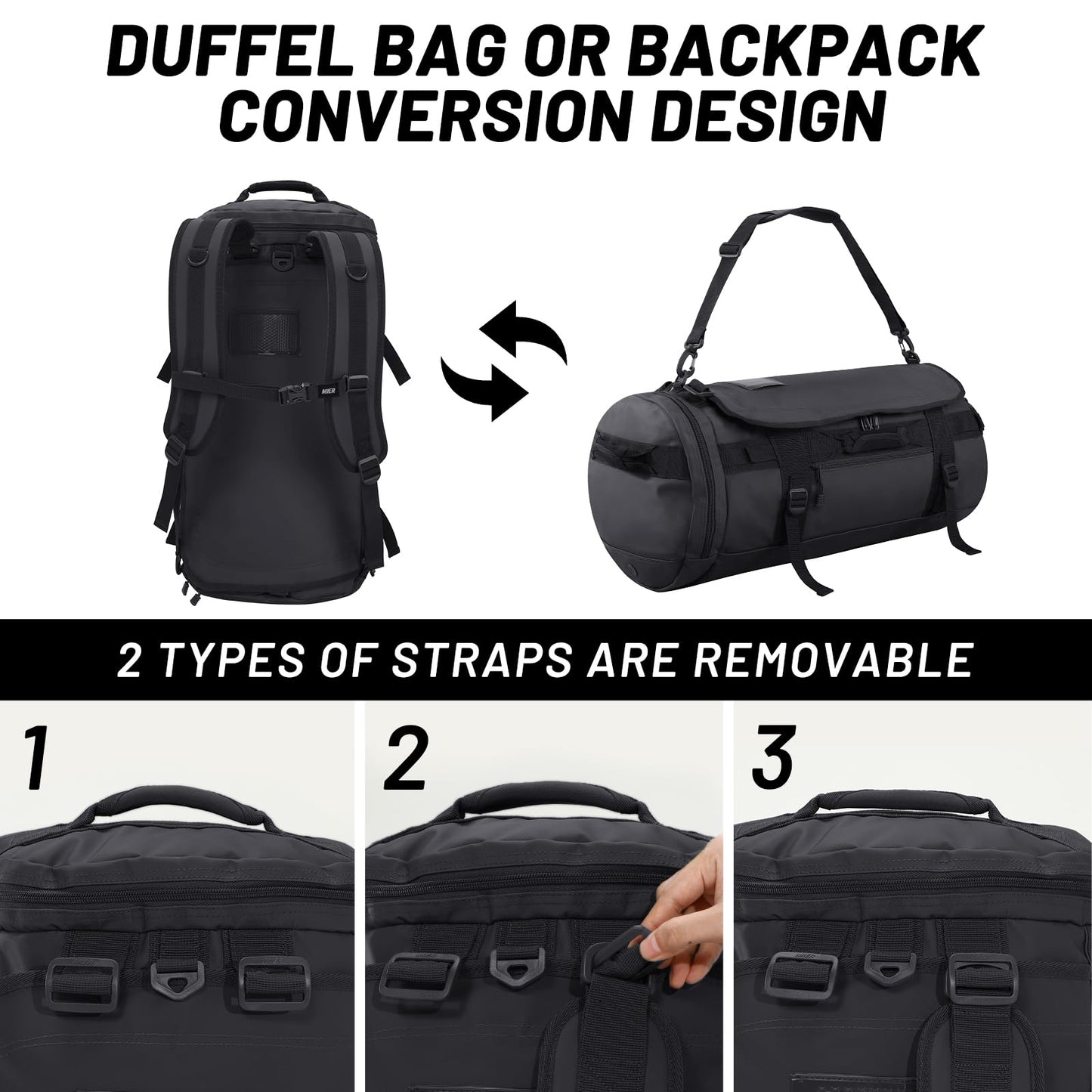 MIER Large Duffel Backpack Sports Gym Bag with Shoe Compartment, Heavy Duty and Water Resistant, Black, 45L
