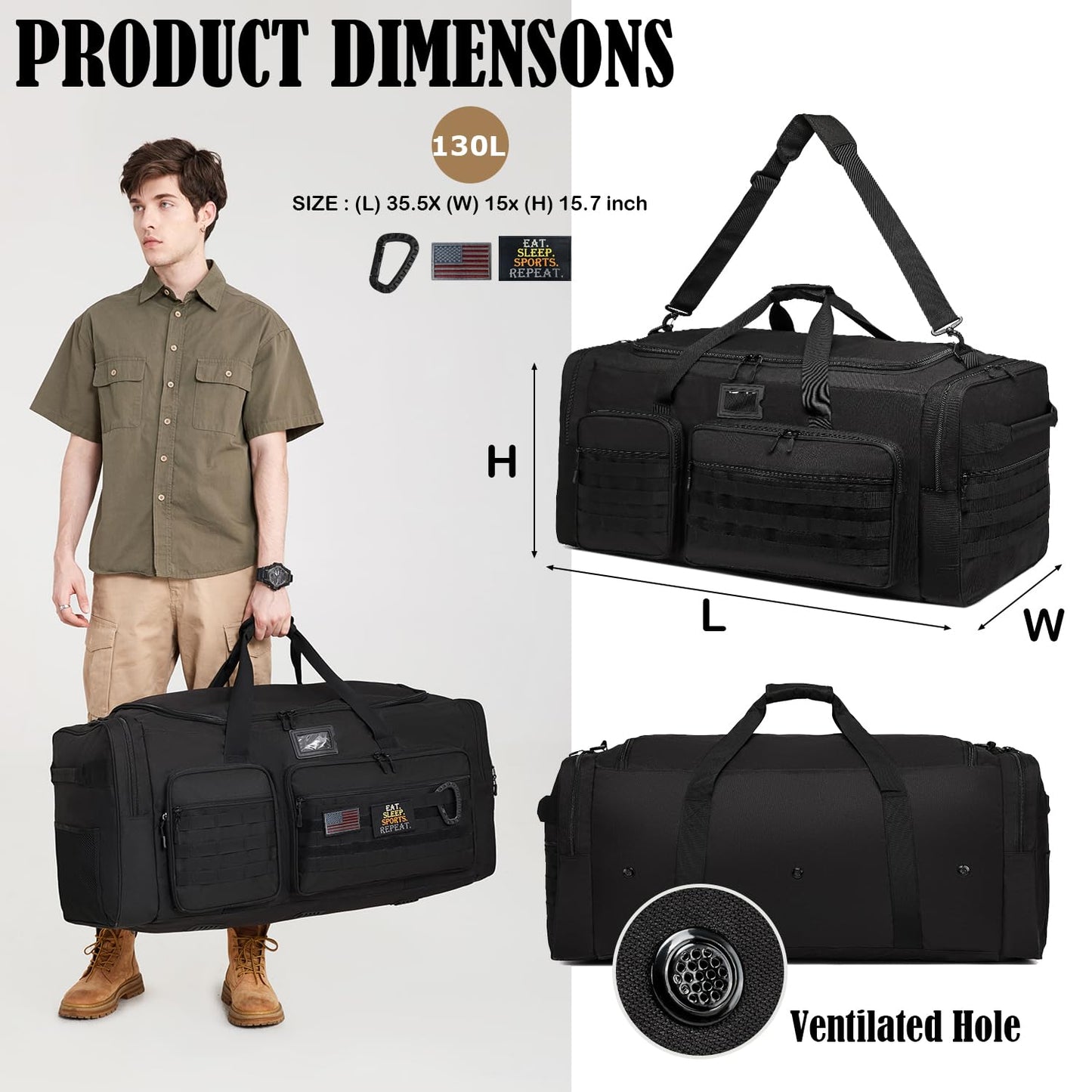 130L Extra Large Duffle Bag for Men, Heavy Duty Duffle Bag for Travel, Large Sports Gym Equipment Bag for Hockey Football Baseball Soccer Basketball & Team training, Black