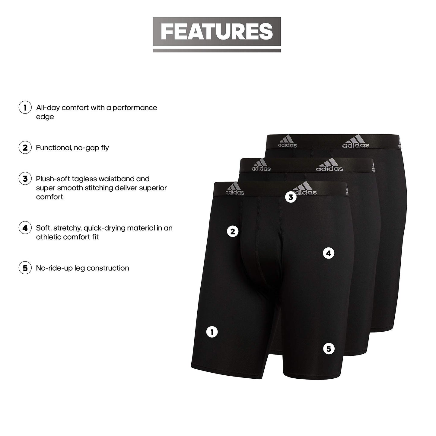 adidas 3-Pack Brief, Boxer Briefs-3-Pack Long Men's Underwear Pack, Black/Light Onix Grey/Performance, Small