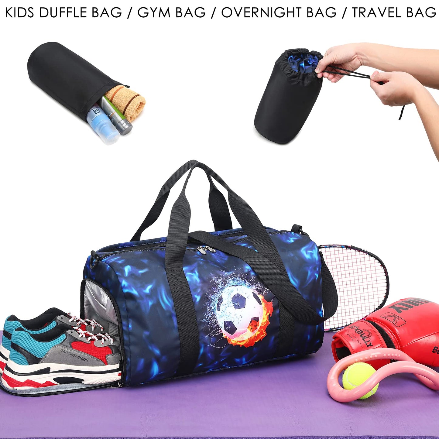 Kids Duffle Bag Boys Girls Overnighter Travel Sport Gym Bag Weekender Carry On Shoulder Bag with Shoe Compartment & Wet Pocket (Soccer Black Blue)