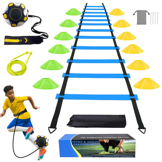 TGLITC Soccer Agility Training Equipment Set, Soccer Accessories 12 Rung 20Ft Agility Ladder, 12 Disc Cones, Solo Soccer Trainer, Jump Rope - Speed Training Equipment Gifts for boy