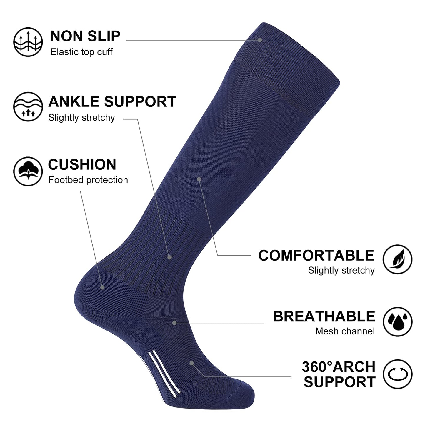 FITRELL 2/3 Pack Soccer Socks Baseball Softball For Youth Kids Boys Girls, Over-The-Calf Football Socks for Adult Men Women,Navy,Medium