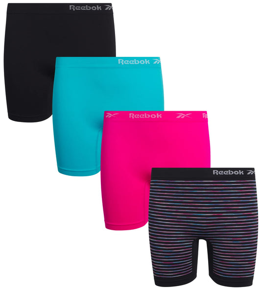 Reebok Girls' Boyshorts Underwear - 4 Pack Soft Seamless Long Leg Boy Shorts - Playground Shorts for Girls (6-16), Size 8-10, Black/Aqua/Hot Pink/Multi Stripes