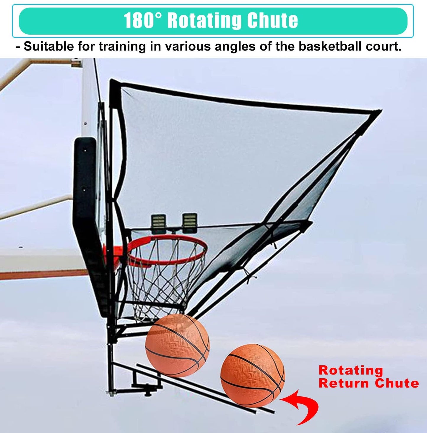 XQZMZSCP Basketball Shot Return NET Apparatus with 180° Rotating Chute, Suspended Portable Shooting Basketball Rebounder Device