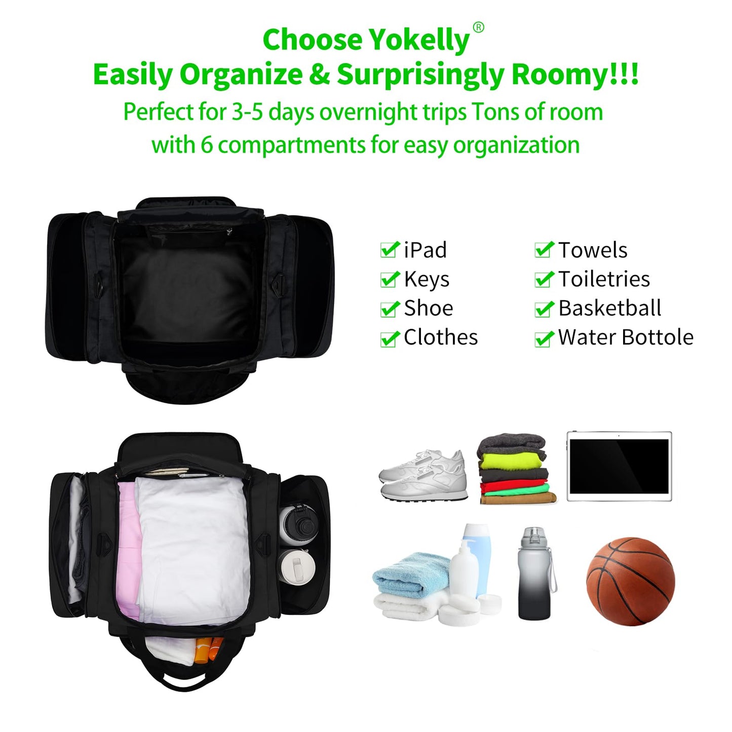 YoKelly Sports Duffel Bag 20 inch for Travel Gym - Black