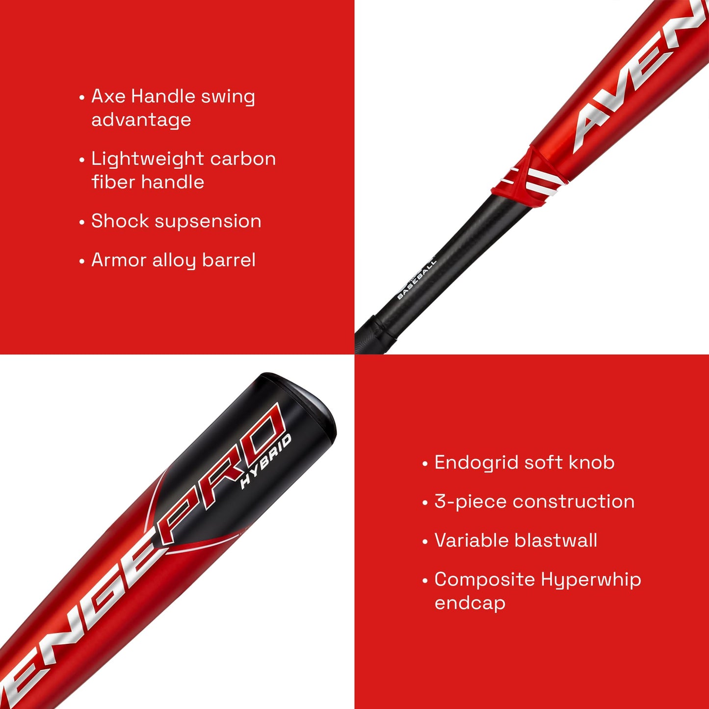 Axe Bat 2023 Avenge Pro Hybrid (-10, 2-5/8") USA Baseball Bat, 3-Piece Hybrid, Red/Black (28" / 18 oz.)