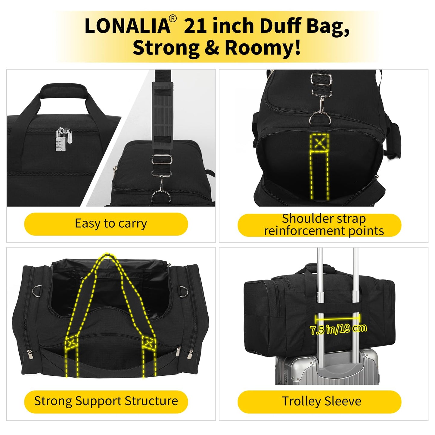 LONALIA Gym Bag Sport Duffle Bag for Men - 21 in Weekender Travel Bag with Trolley Sleeve (Black)