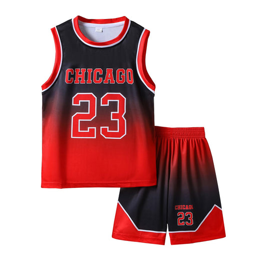 Basketball Jerseys 23# For Kids Youth Sports T-shirt Jersey Boys Girls Gradient Basketball Uniform Set 6-16Years RED-140