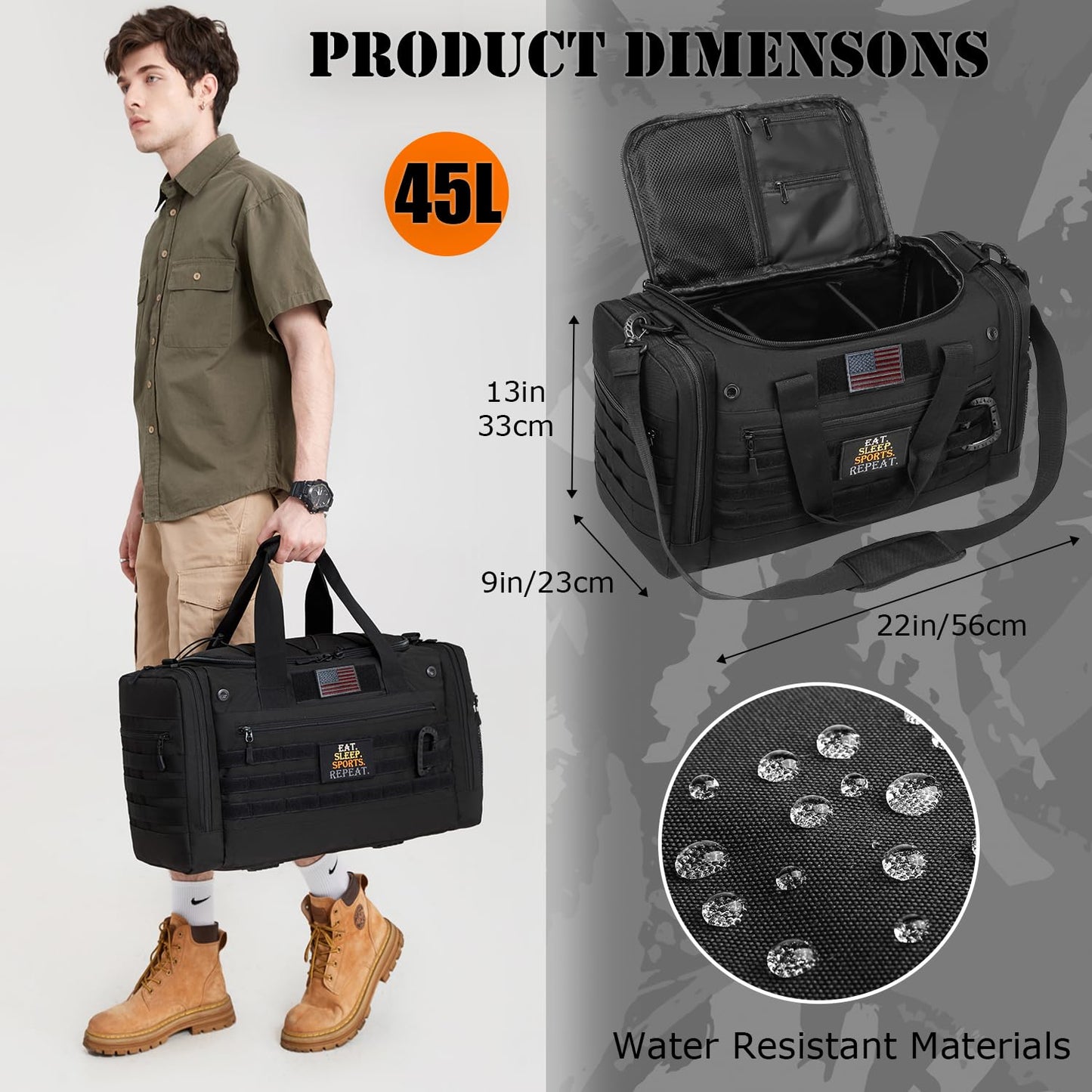 45L Large Duffle Bag for Men & Women, Tactical Military Duffle Bag for Travel Weekender, Gym Bag， Large Sports Bag for Hockey Football Baseball Soccer Basketball & Team Training，Black
