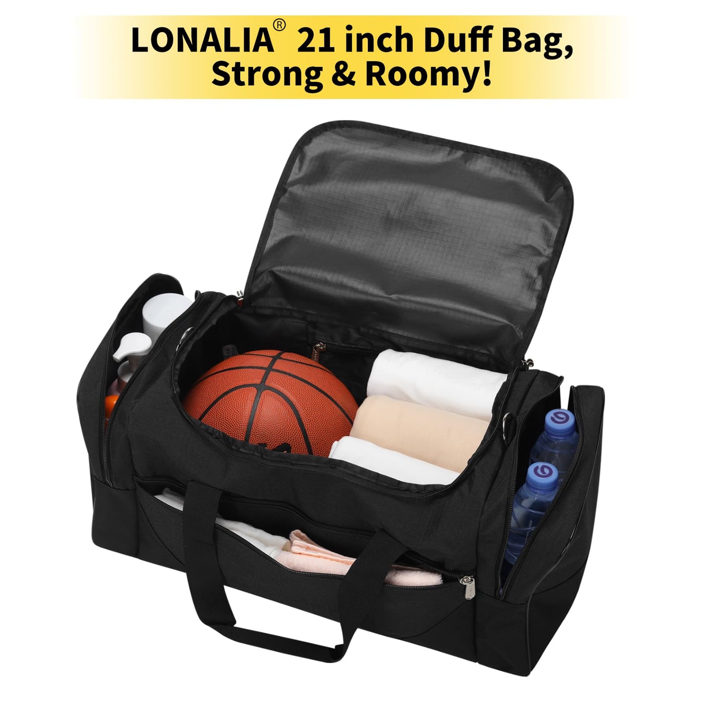 LONALIA Gym Bag Sport Duffle Bag for Men - 21 in Weekender Travel Bag with Trolley Sleeve (Black)